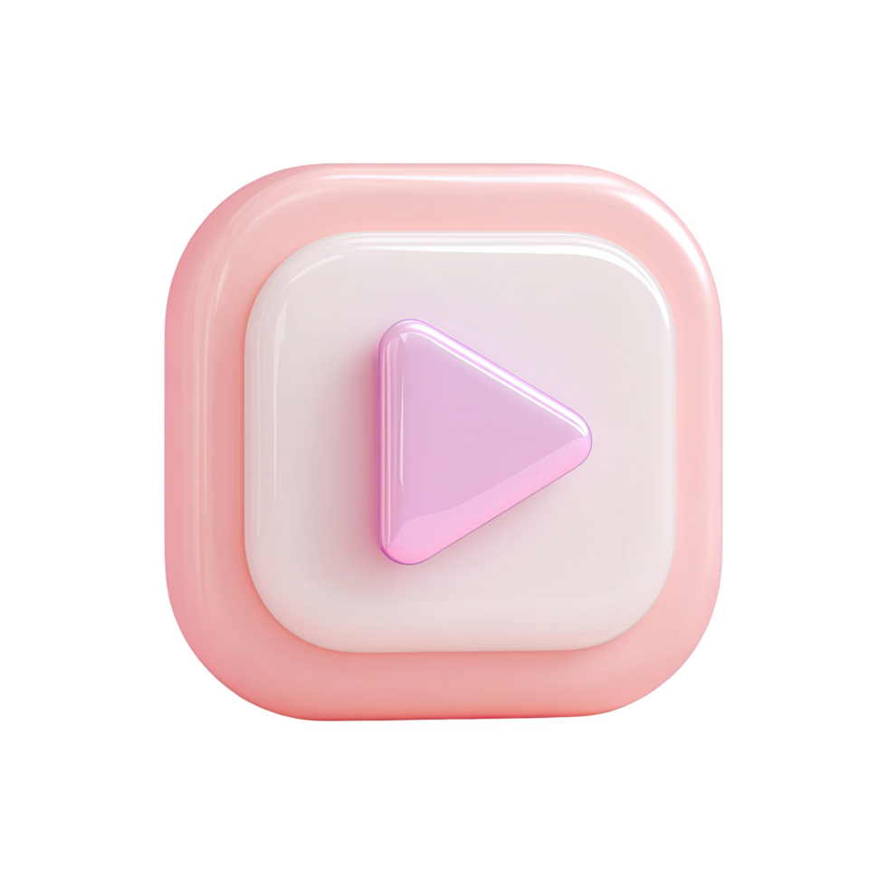 Play button icon, pastel pink and white. 3D render of a square button with a play triangle png