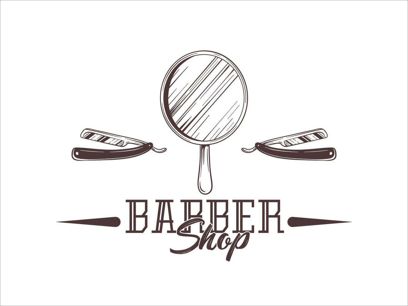 Retro style barbershop logo with mirror and razor vector