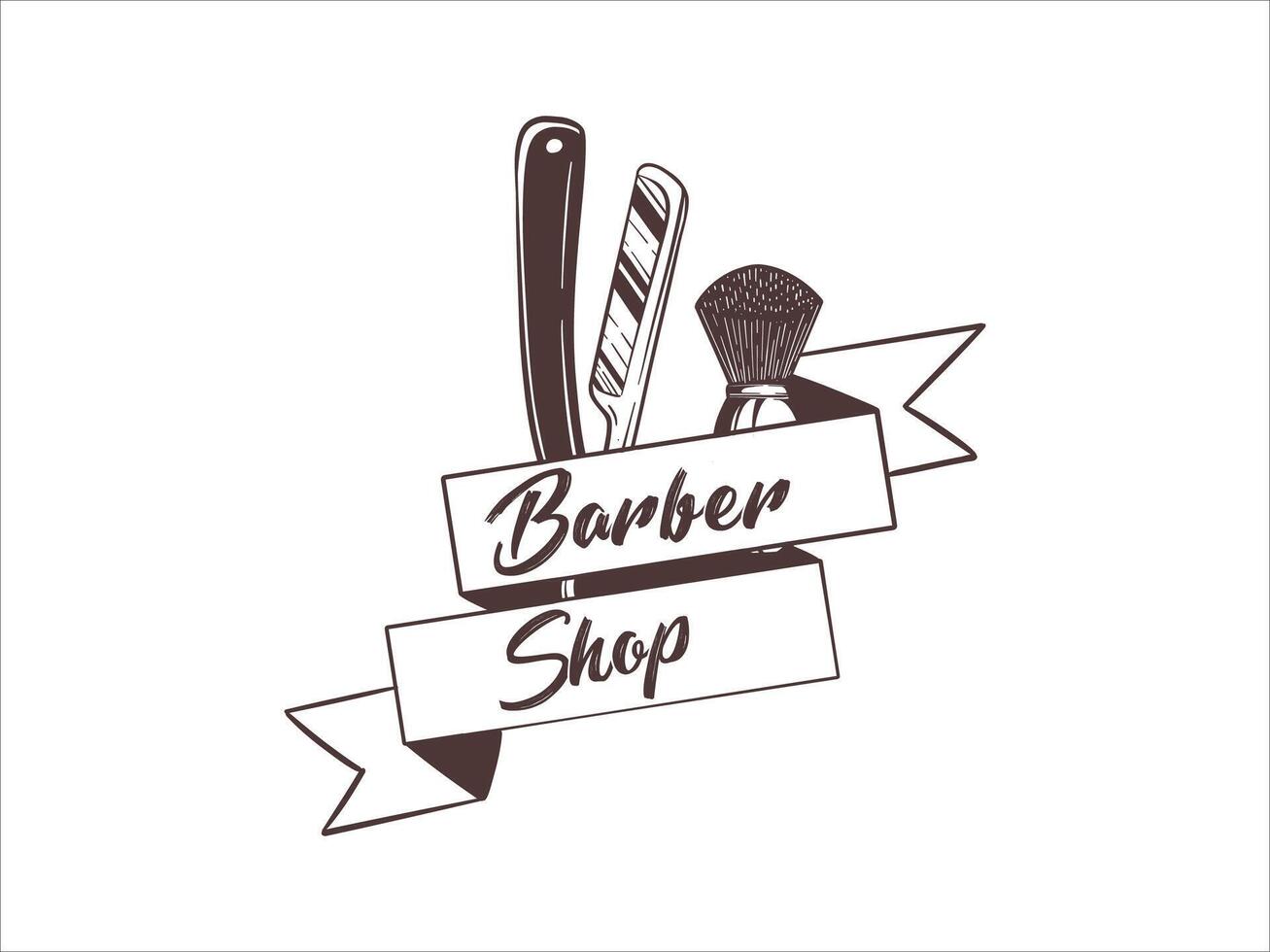 Vintage Hand Drawn Barbershop Logo with Razor and Brush vector