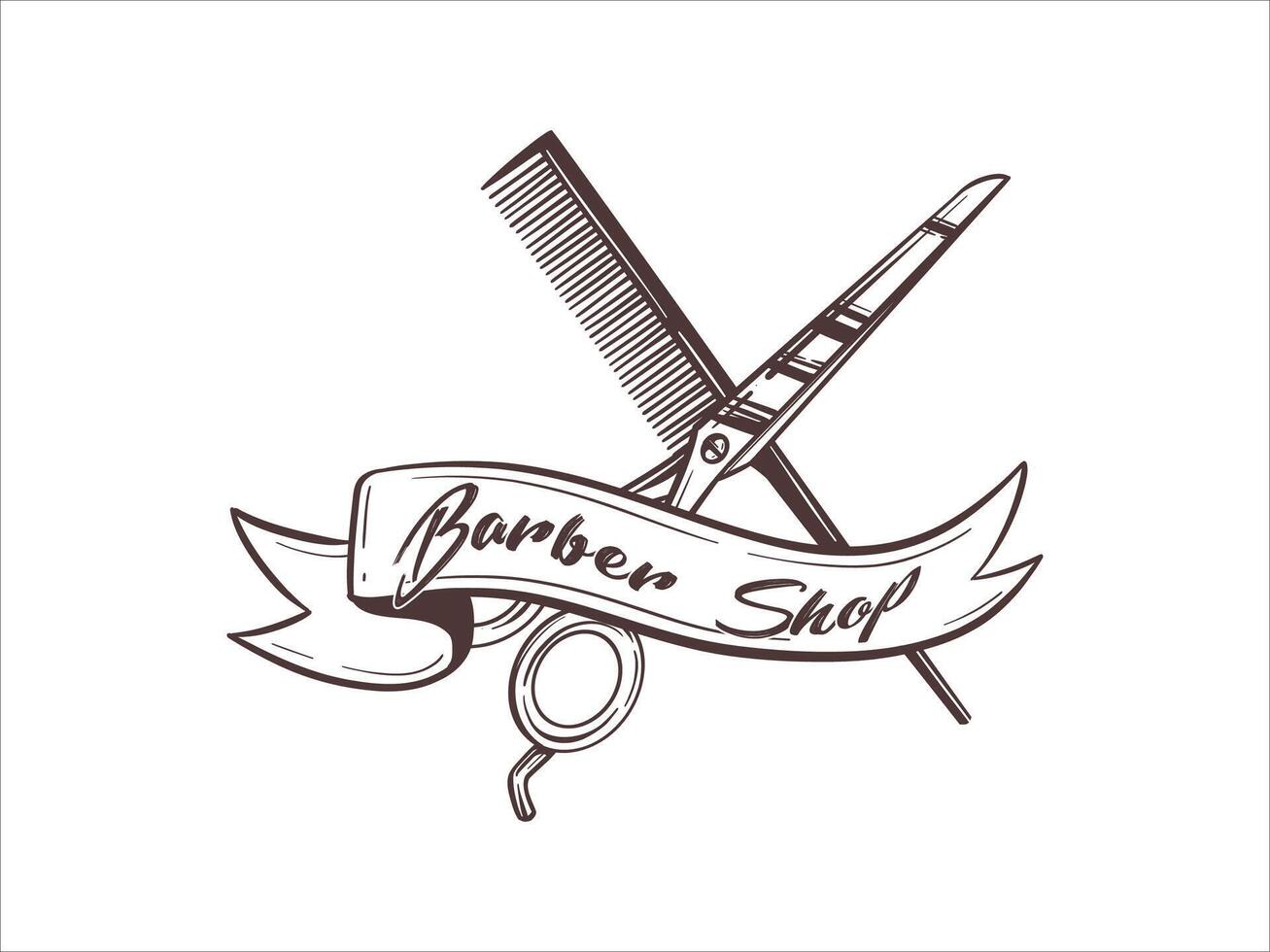 Vintage Hand Drawn Barbershop Logo with Scissors and Comb vector