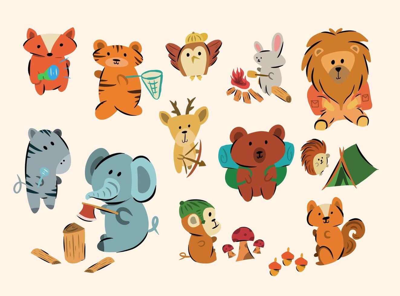 A set of cartoon animals and animals in different poses vector