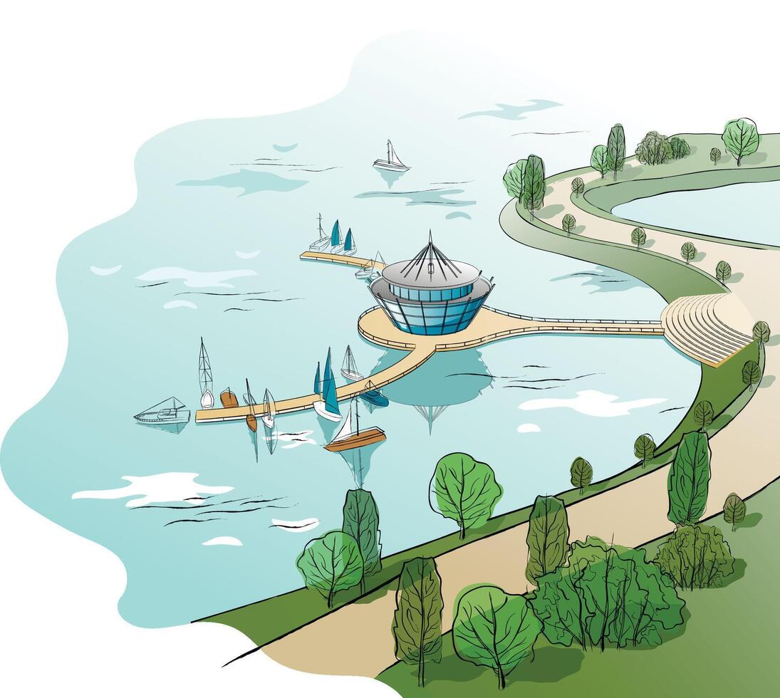 colored linear landscape with quay and boats vector