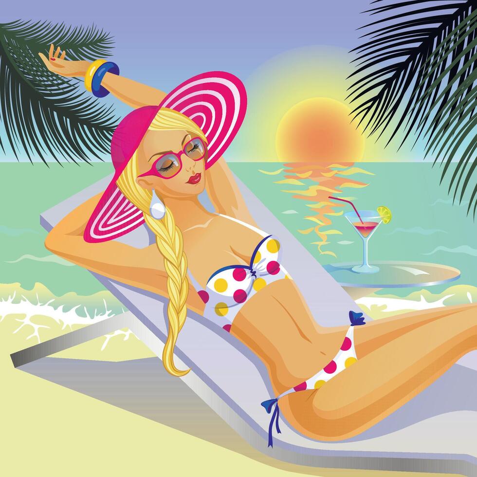 Woman relaxing on the beach vector
