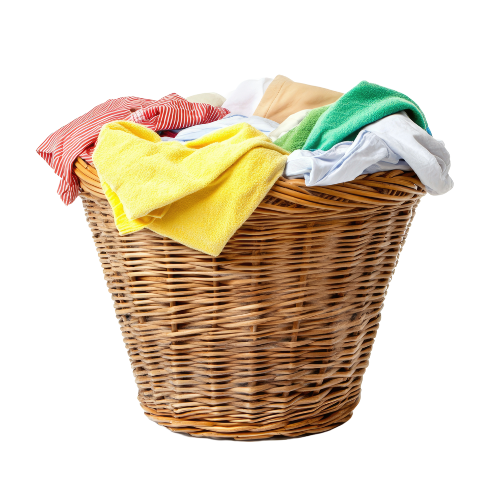 Wicker laundry basket overflowing with colorful clothes isolated on transparent background png