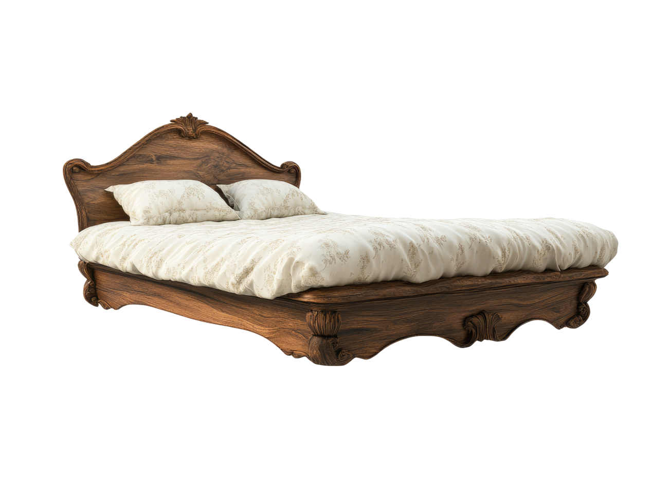 Ornate antique carved dark wood bed with patterned linens isolated on transparent background png