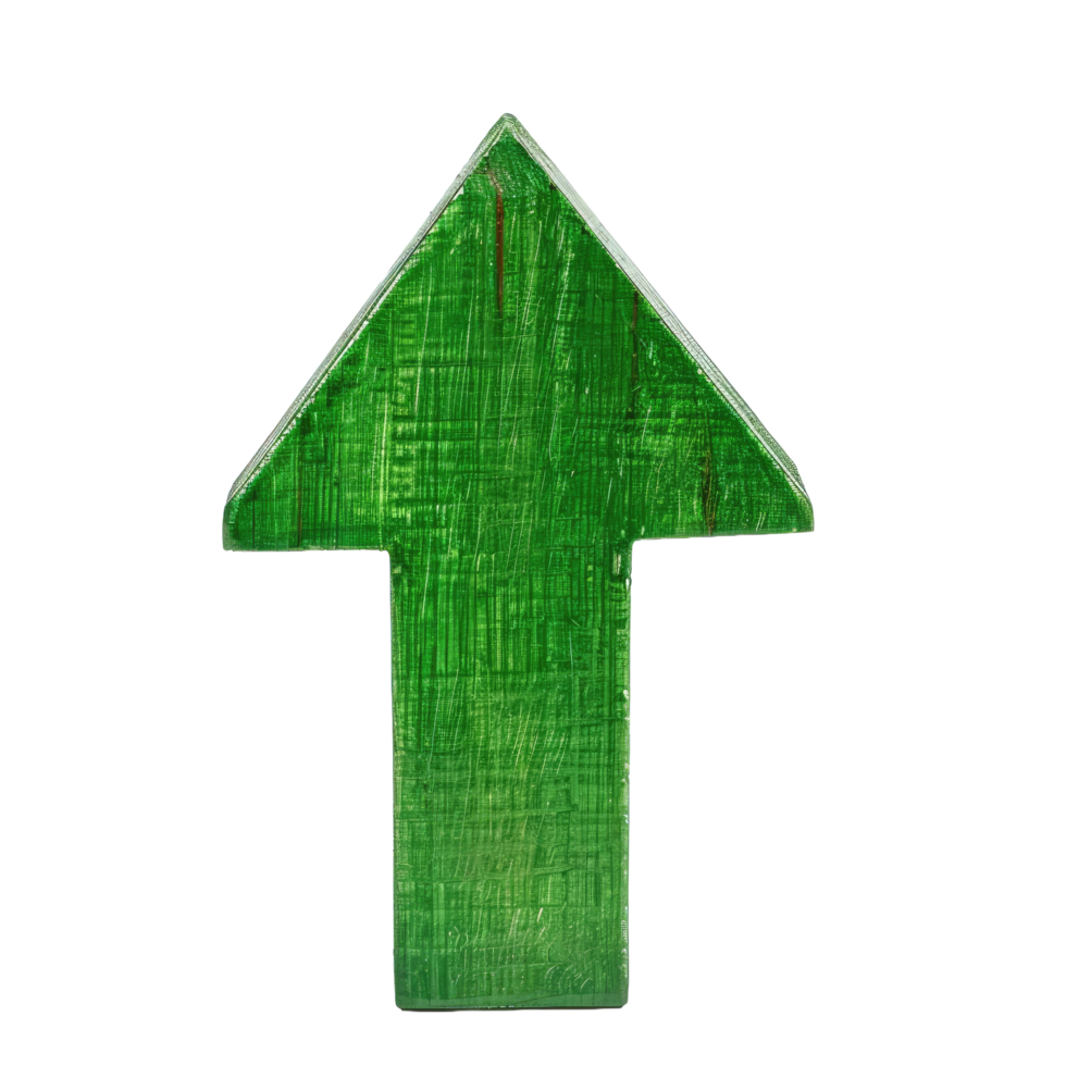 Green arrow pointing upwards with textured surface isolated on transparent background png