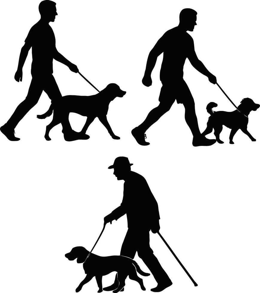silhouettes of people walking with dogs vector
