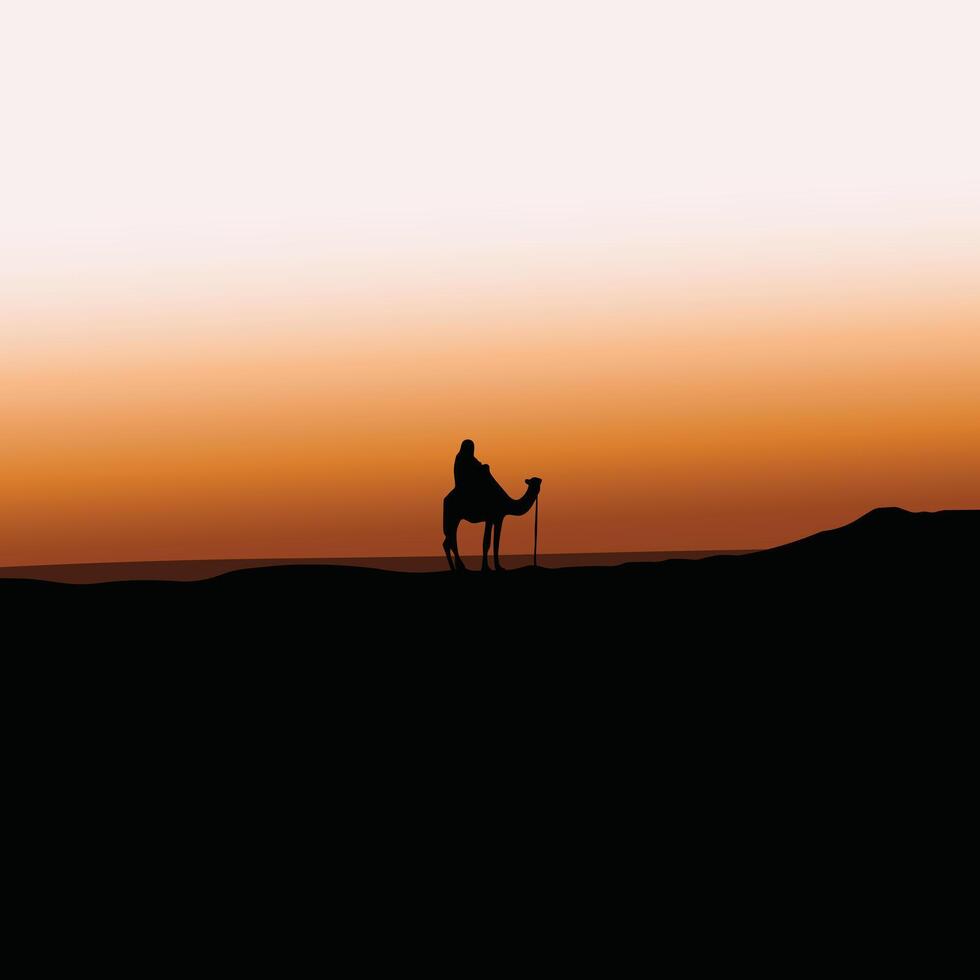 Minimal desert landscape silhouette with a camel rider, organized, editable, and layered vector