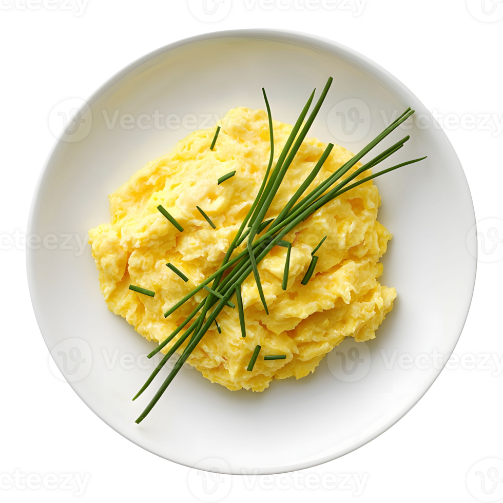 Overhead Shot of Fluffy Scrambled Eggs Garnished with Chives png