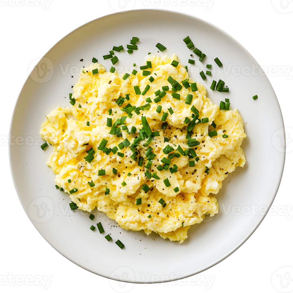 Fluffy Scrambled Eggs Garnished with Chopped Chives on White Plate png