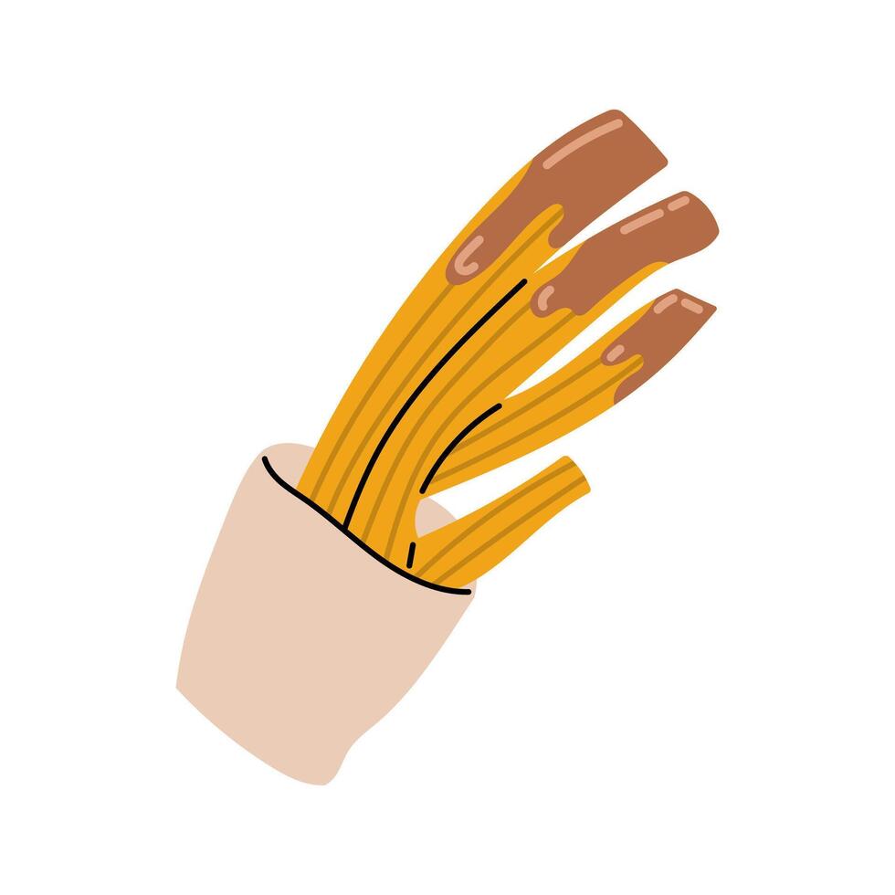 Churros heap with chocolate paste in paper bag. No dish meals. Popular junk food. Flat illustration isolated on white. vector