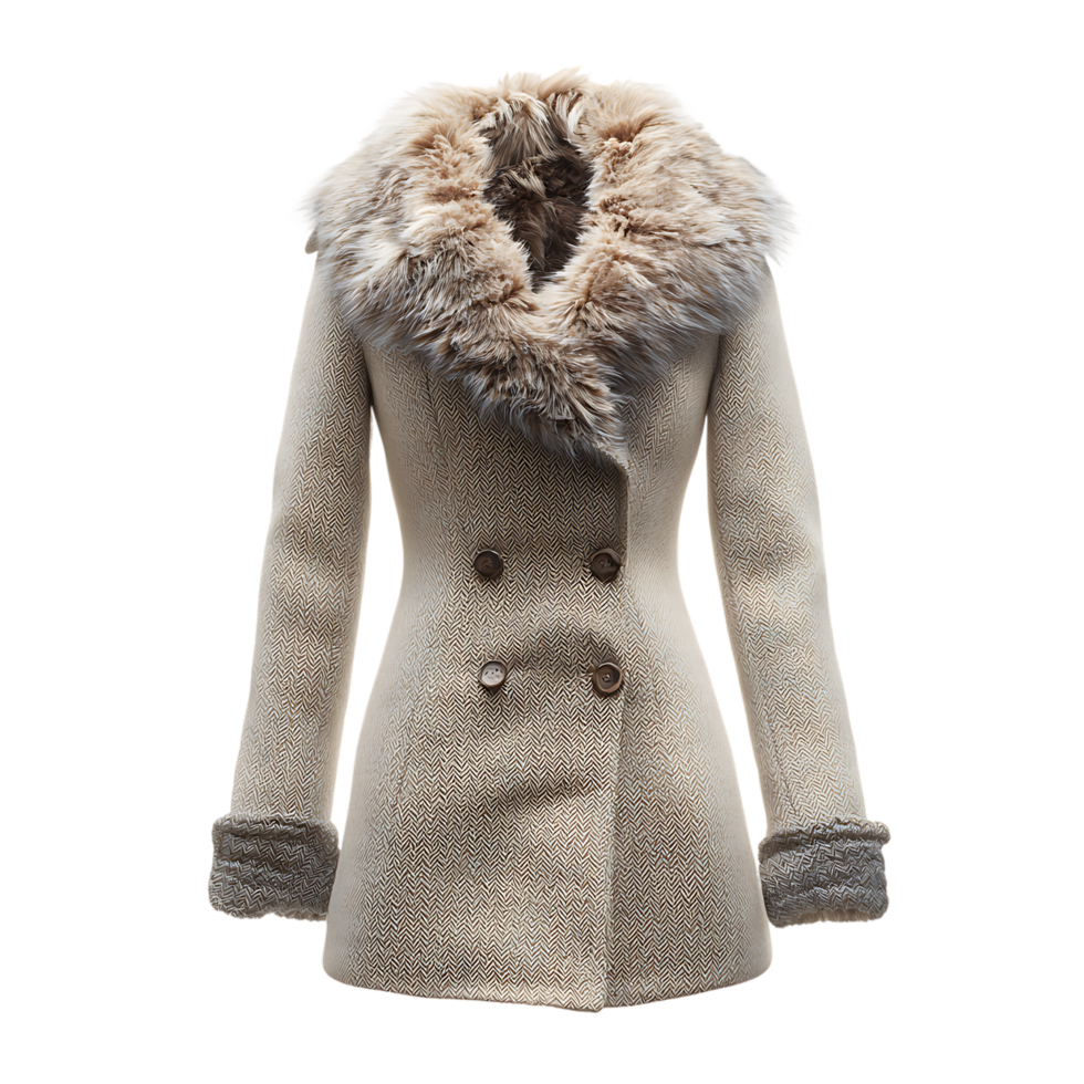 Elegant beige herringbone wool coat with luxurious fur collar and cuffs isolated on transparent background png
