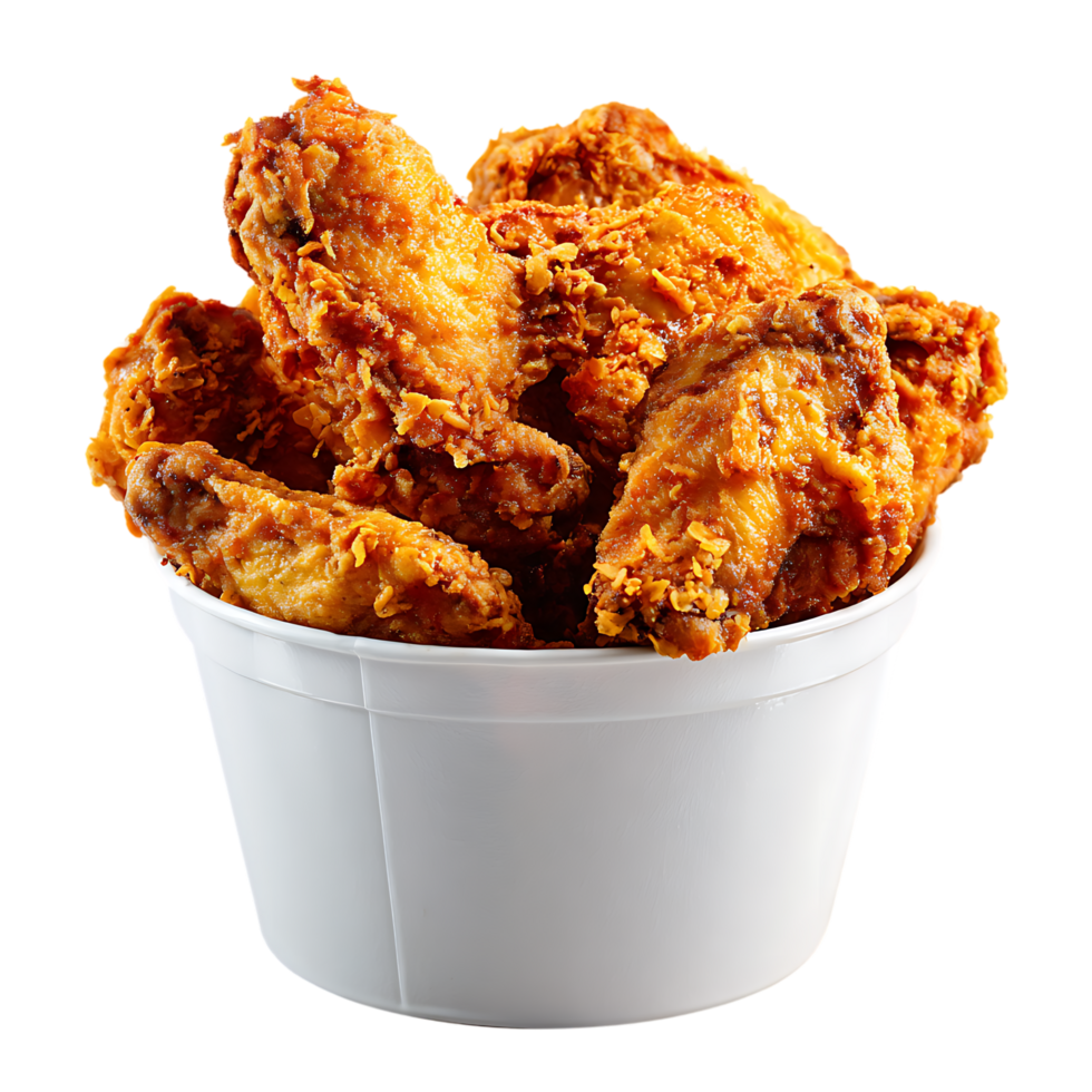 golden fried chicken wings in a white bucket isolated on transparent background png