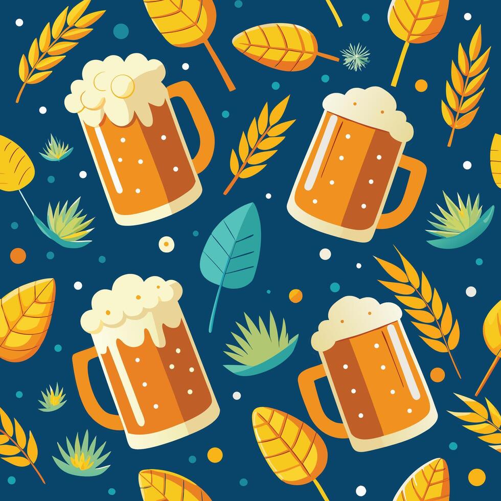 seamless pattern with beer and wheat leaves vector
