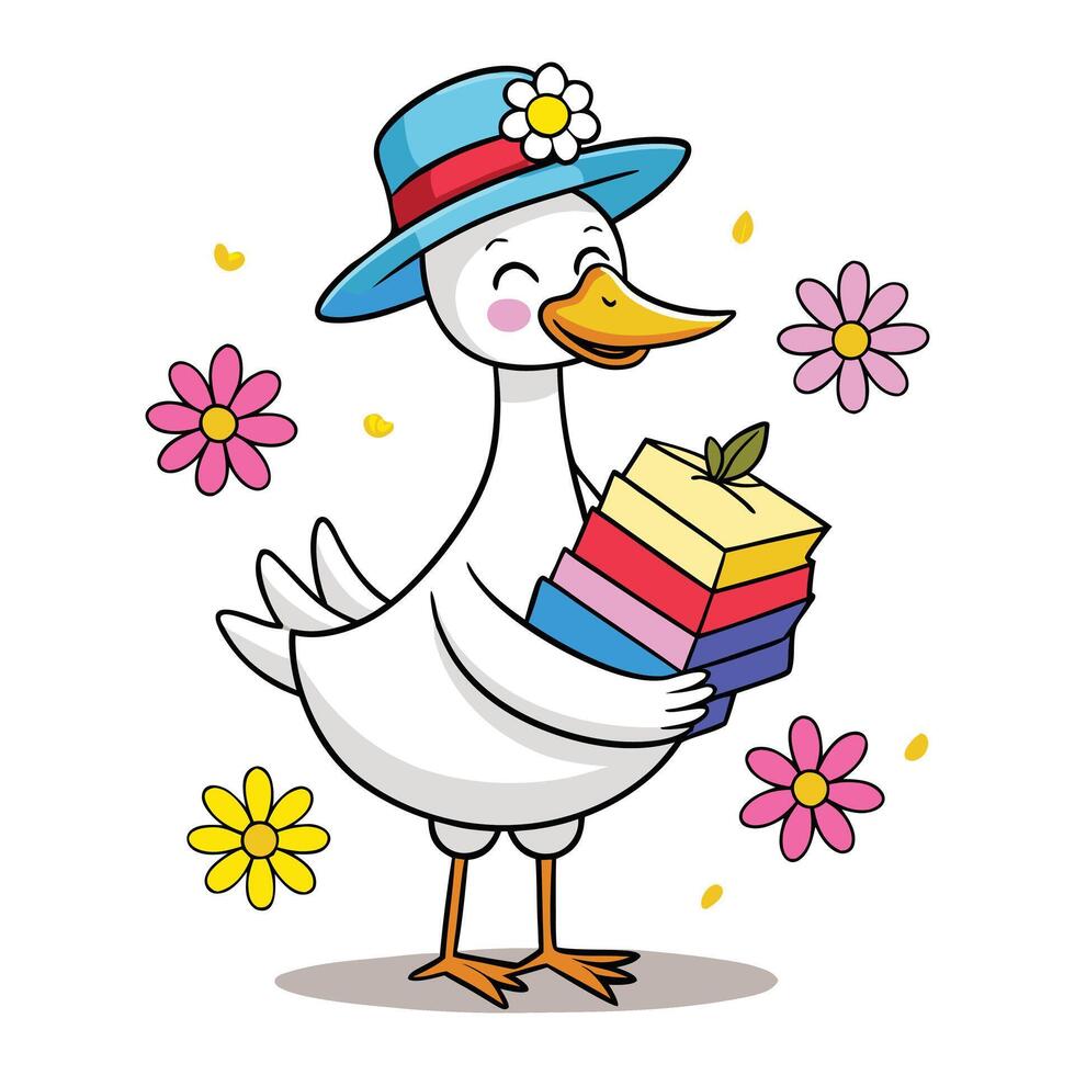 a cartoon duck holding a book and flowers vector
