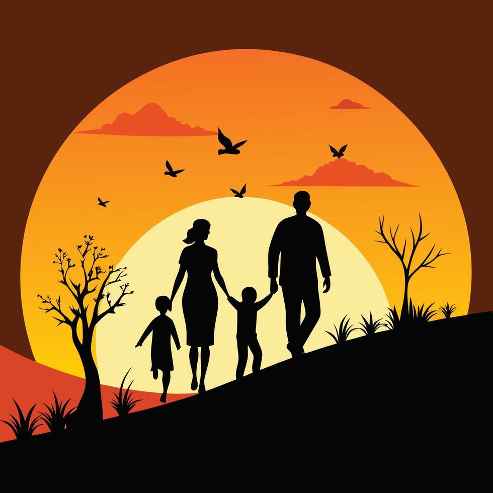 silhouette of a family walking in the sunset. vector