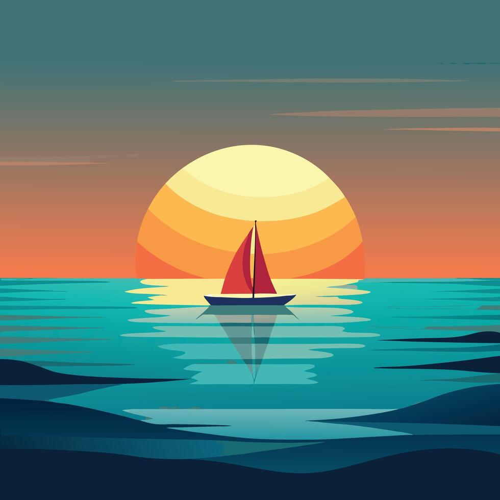 a sailboat floating in the ocean at sunset vector