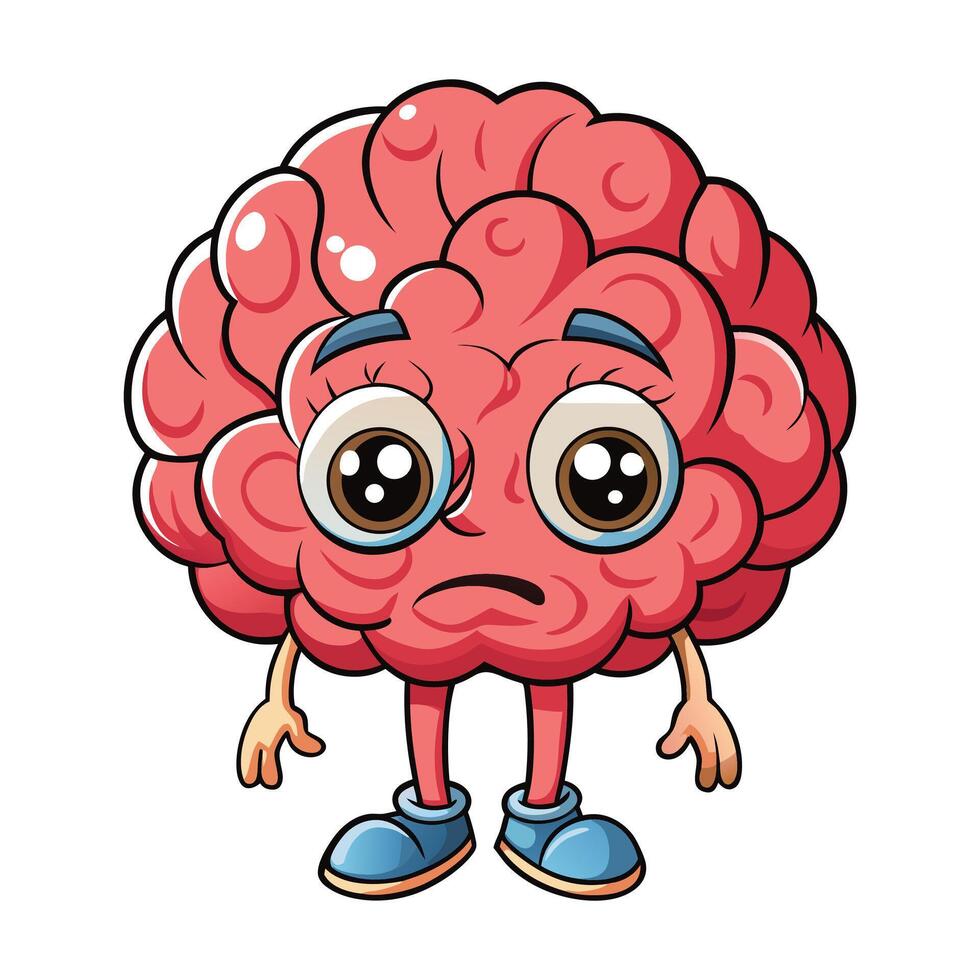 cartoon brain with sad expression illustration vector