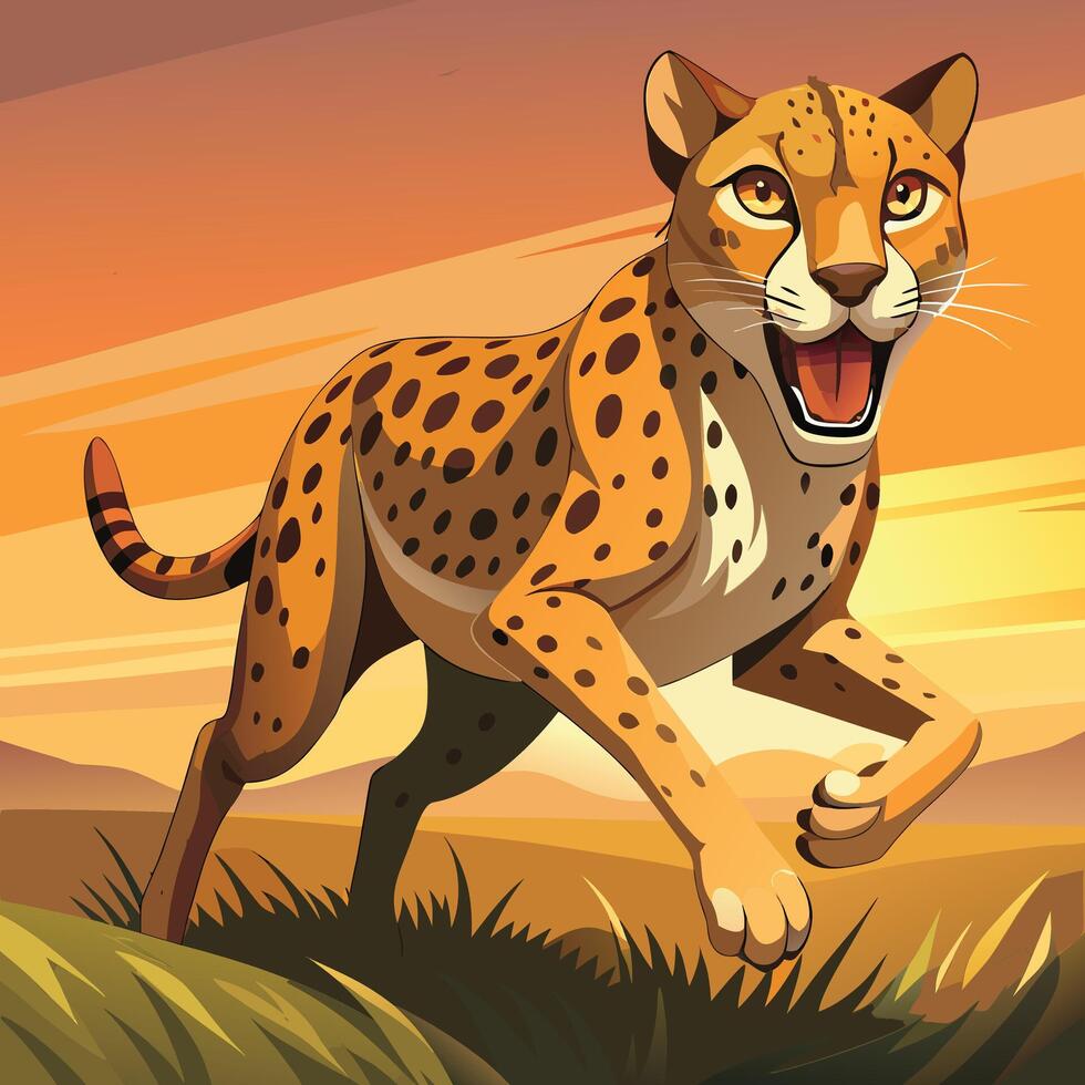 a cartoon cheetah running in the sunset vector