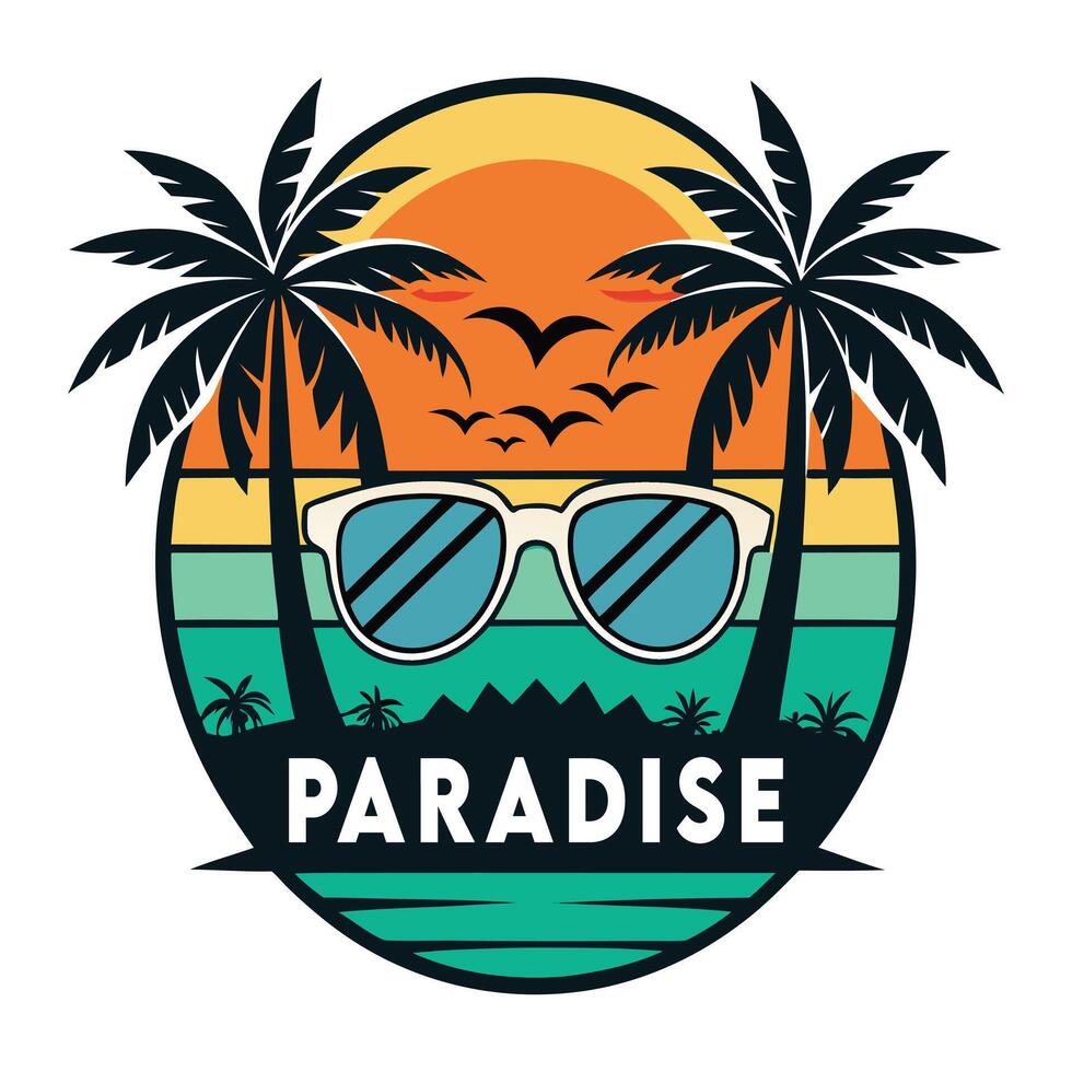 paradise logo with sunglasses and palm trees vector