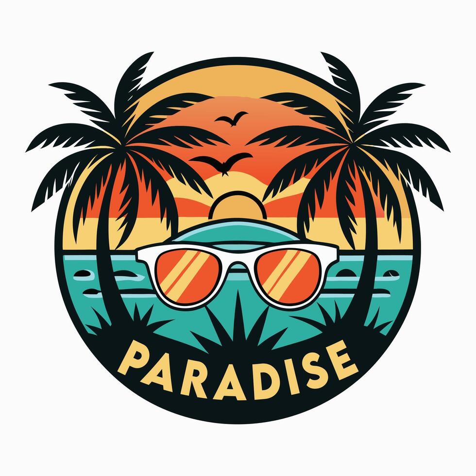 tropical paradise logo with sunglasses and palm trees vector
