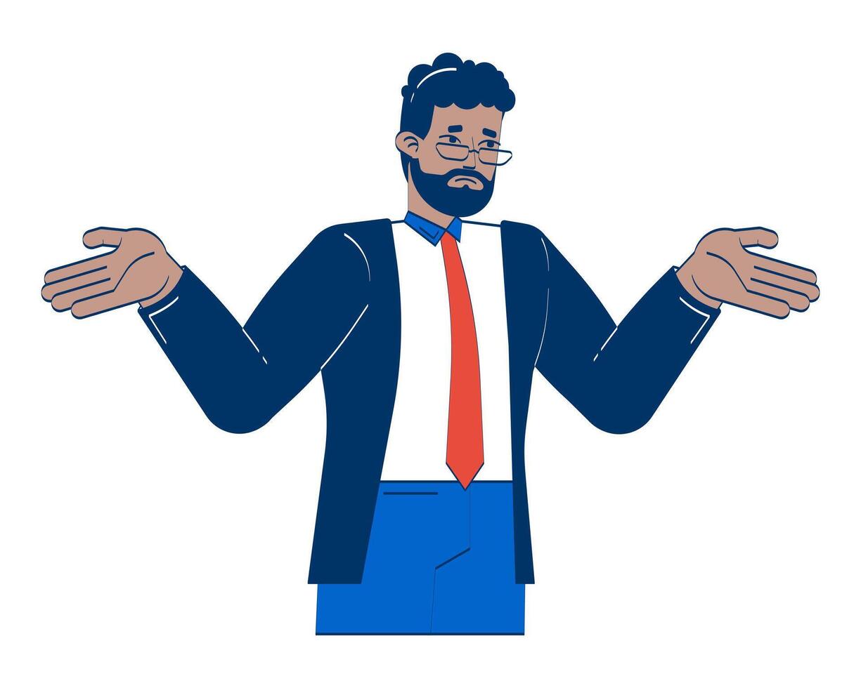 Confused corporate black man shrugging with open hands 2D doodle character. African american professional uncertain cartoon person drawing isolated on white. Hand drawn illustration colorful vector