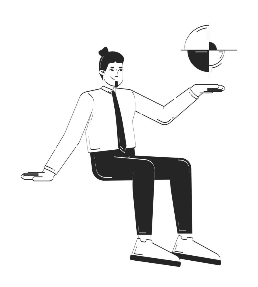 Corporate data analyst sitting and holding pie chart doodle linear character. Business man presenting segmented piechart 2D outline person isolated. Hand drawn drawing illustration monochrome vector