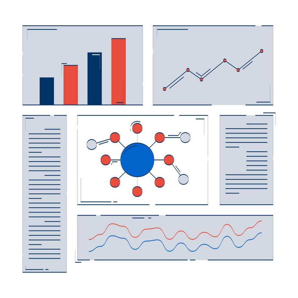 Analytical dashboard with charts and diagrams 2D doodle objects set. Bar graph, data summary cartoon elements flat cliparts isolated on white background. Hand drawn illustrations collection vector
