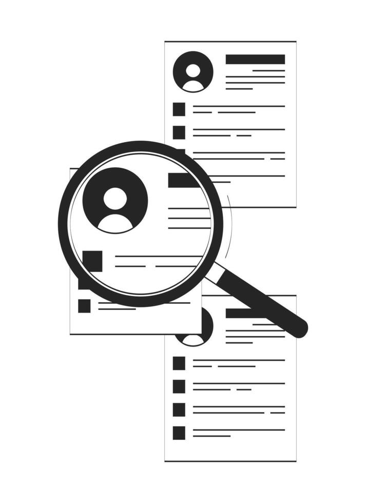 Candidate search with magnifying glass over resumes doodle linear object. Recruitment loupe. Talent acquisition 2D outline clip art drawing isolated on white. Hand drawn sketch illustration vector