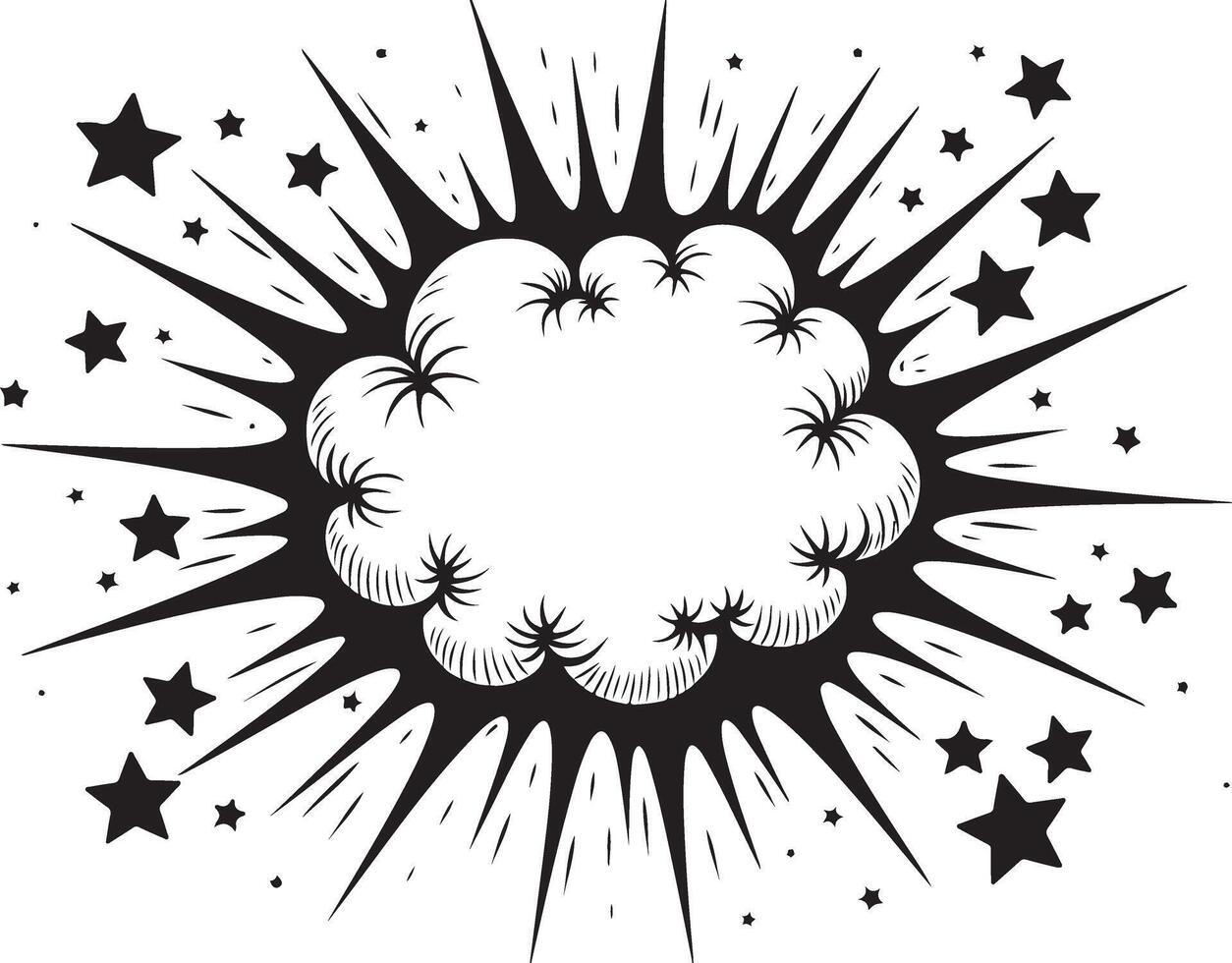 A black and white drawing of a starburst with a cloud vector
