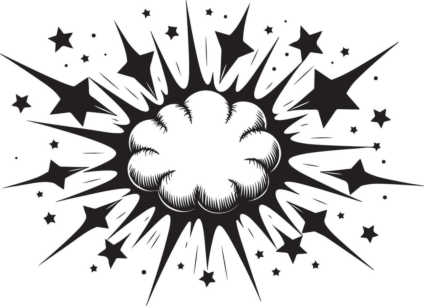 A black and white drawing of a starburst explosion vector