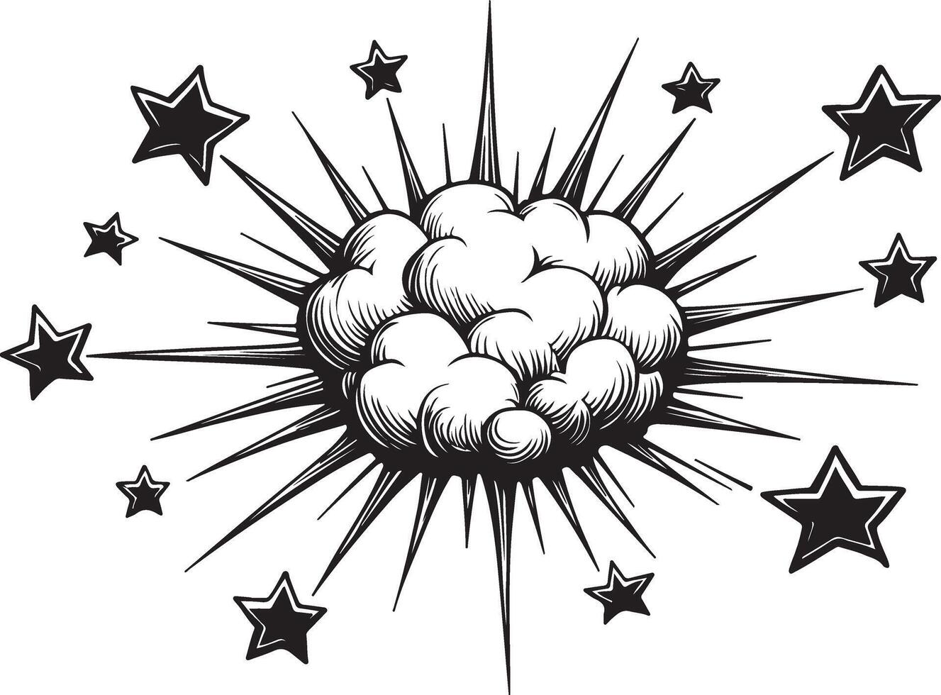 A black and white drawing of a starburst with stars vector