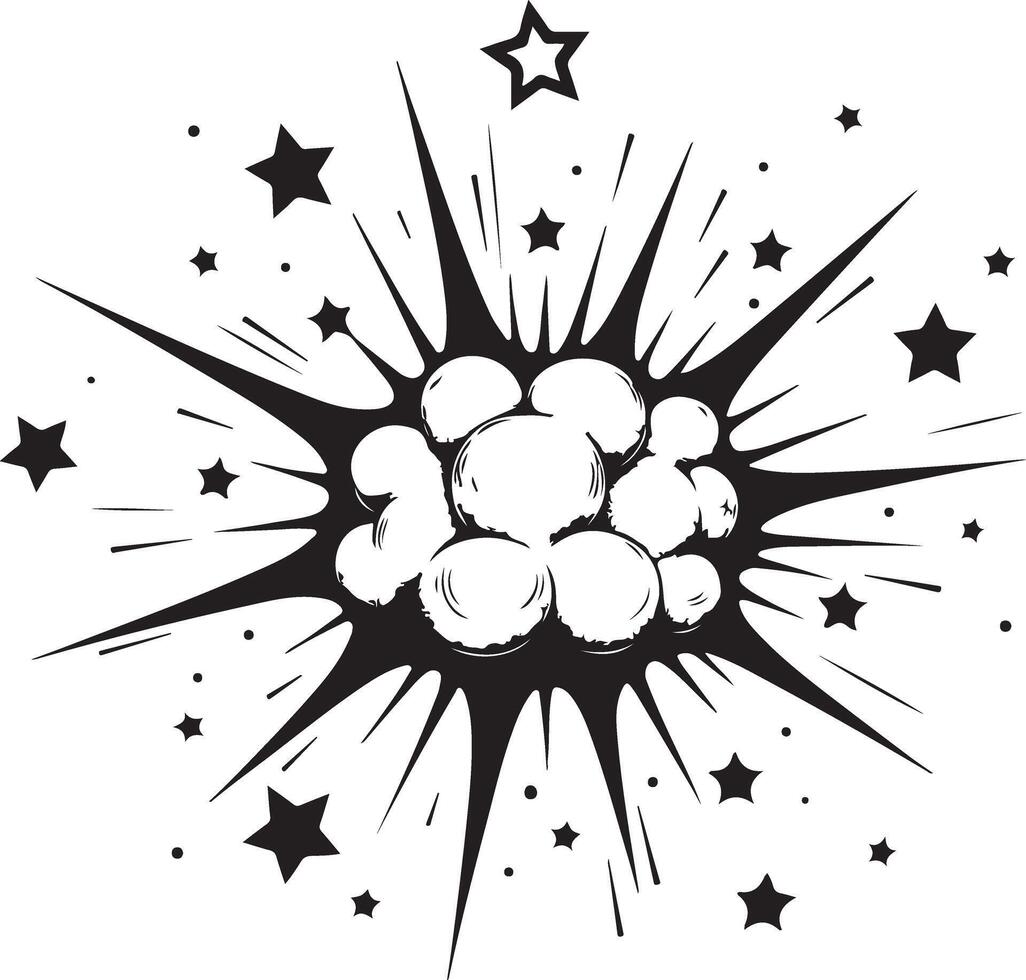 A black and white drawing of a starburst with a cloud of balls vector