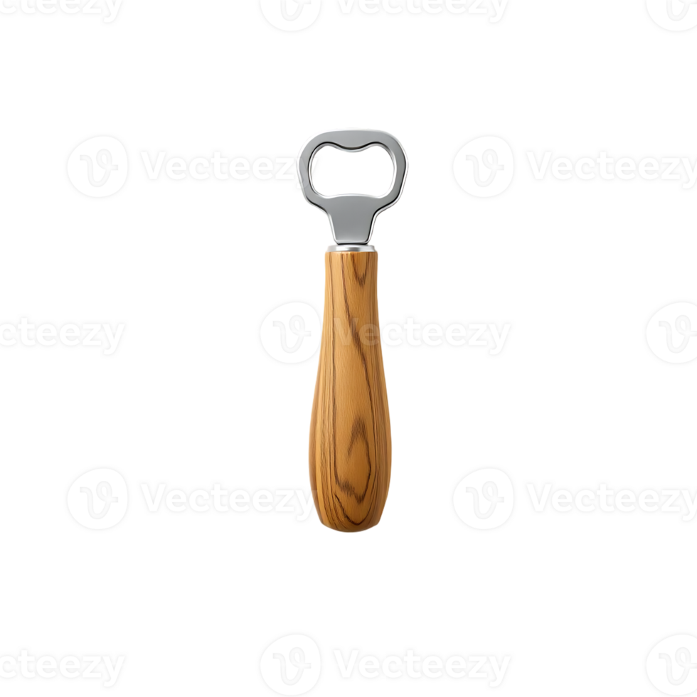 Close-up of a bottle opener with a wooden handle and metal opener on a transparent background. png
