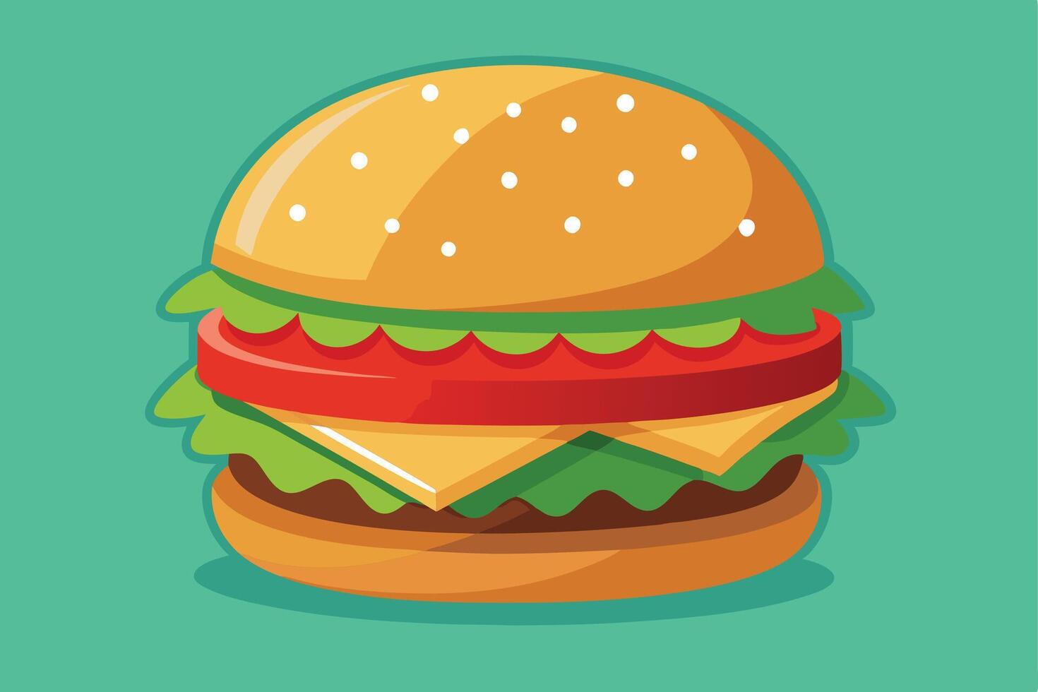 Delicious Juicy Burger with Sesame Seed Bun, Tomato, Lettuce, and Cheese on Teal Background - Professional digital artwork with vibrant colors and detailed composition vector