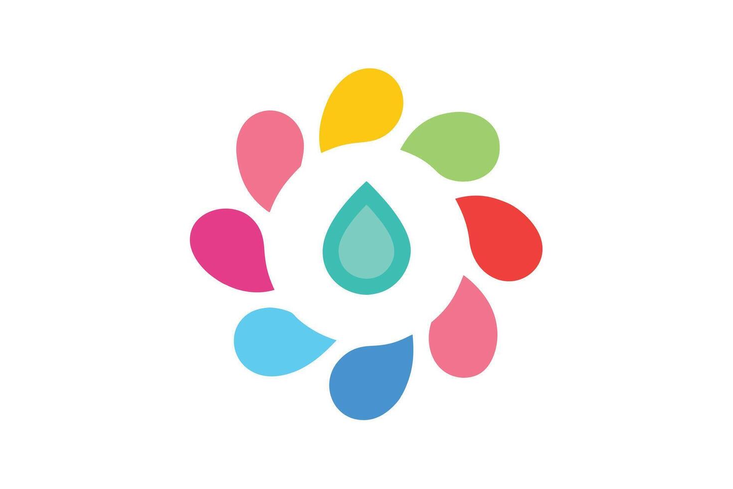 Vibrant Colorful Droplets Rotating Around Central Teal Drop, Creating a Joyful and Refreshing Circular Design vector