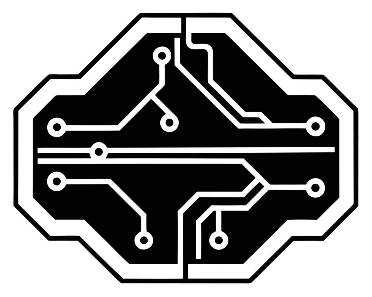 Abstract Futuristic Circuit Board Design Sleek Black and White Brain-Shaped Microchip Illustration, Symbolizing Artificial Intelligence and Technology vector