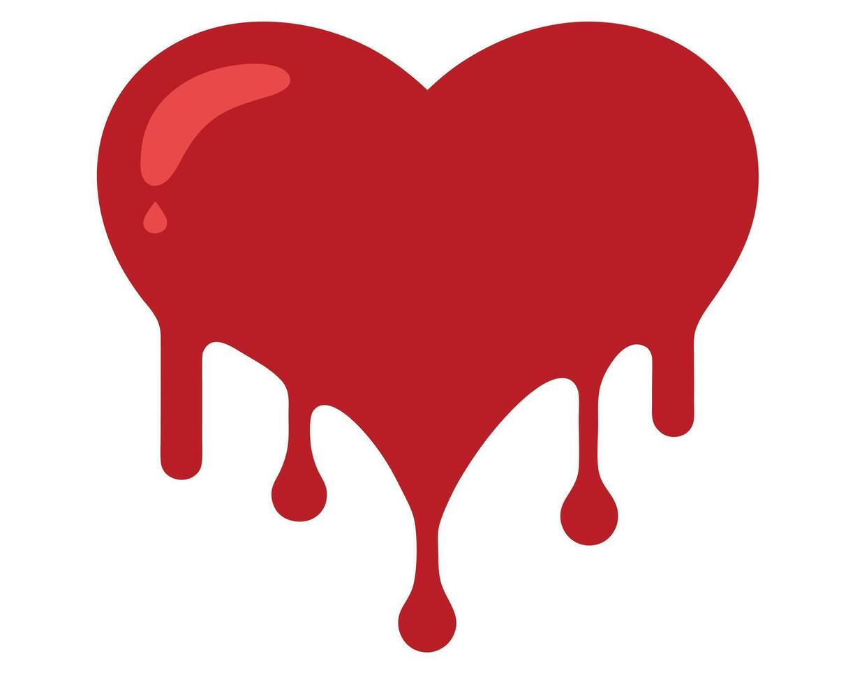 Melted Red Heart Shape Dripping Paint, Sad, Broken Heart Illustration, Grunge Style, Isolated on White Background, Romantic Despair vector