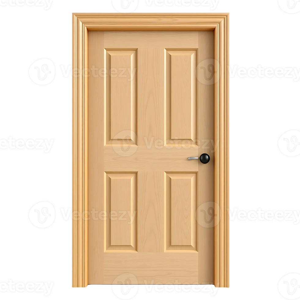 Realistic depiction of a closed wooden interior door with a simple frame. png
