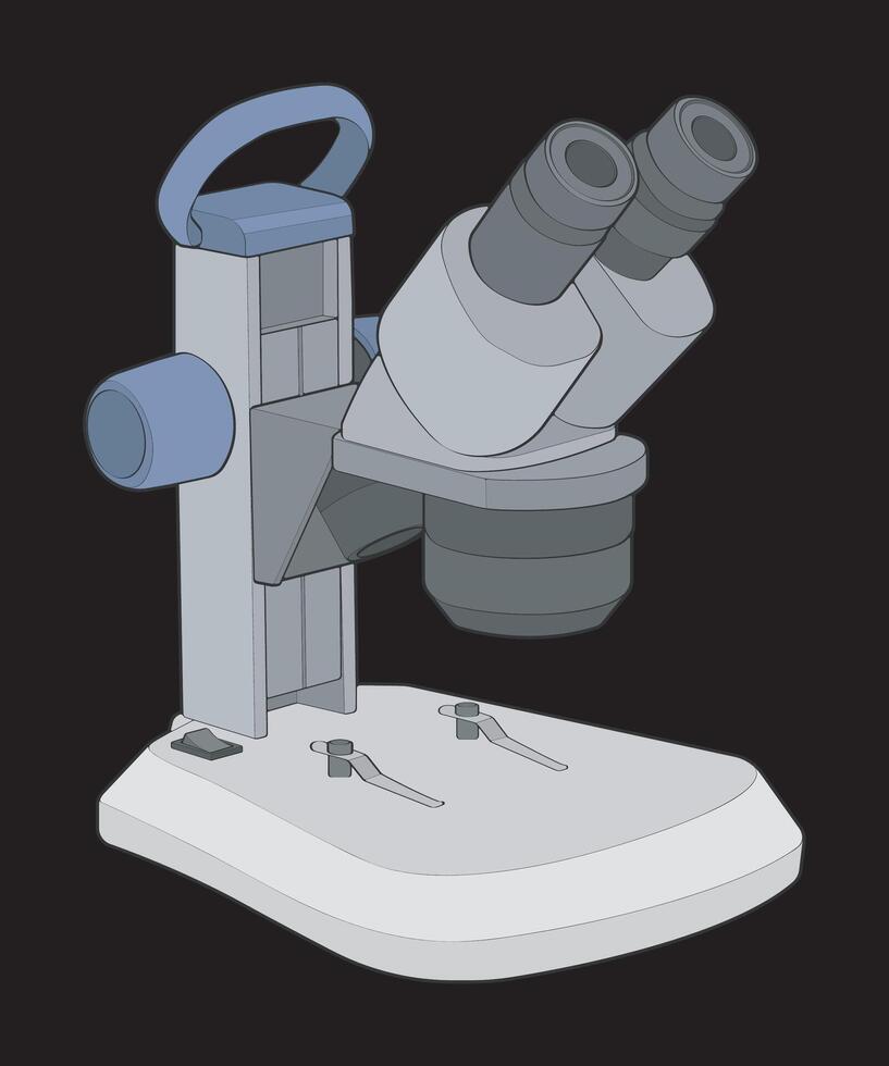 a cartoon microscope on a black background. vector