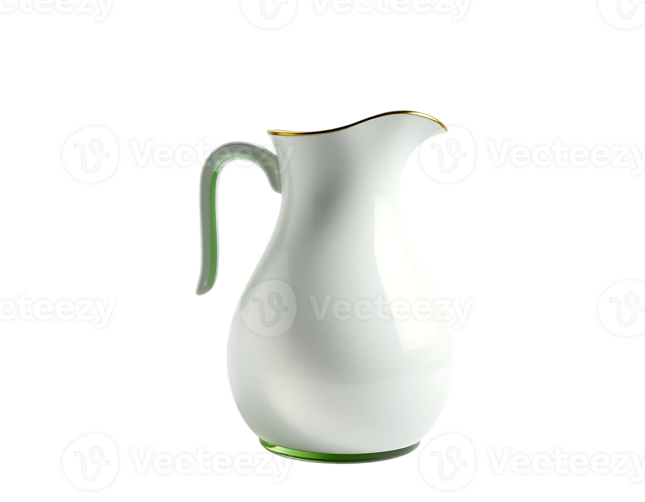 Elegant white ceramic pitcher with gold trim and a green handle png