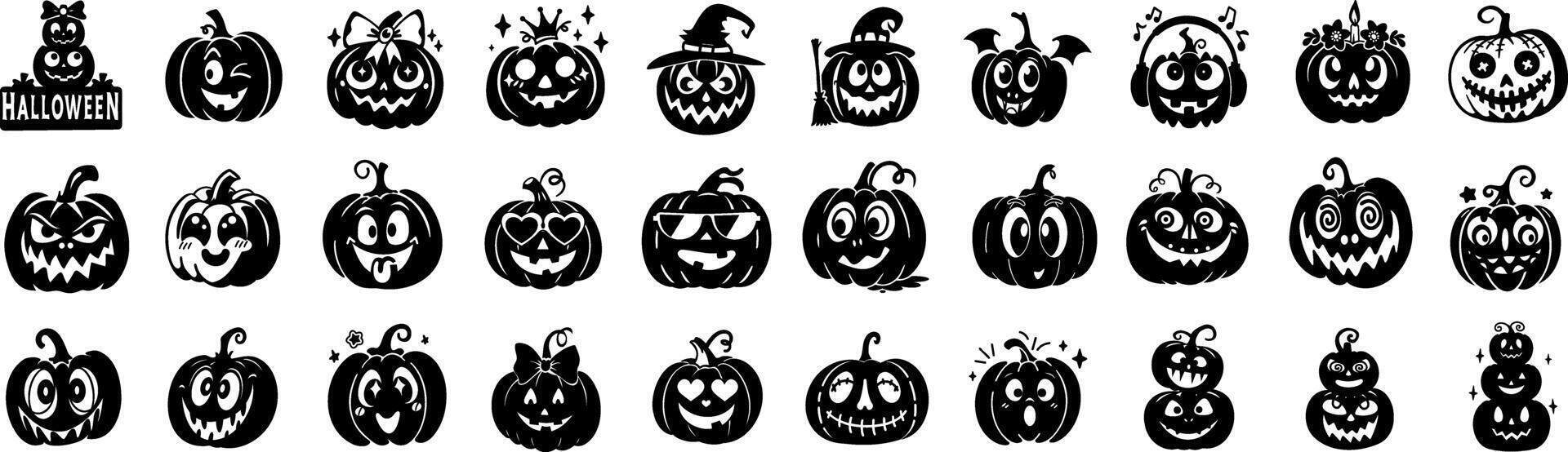 Variety of Cute and Spooky Halloween Pumpkin Characters with Unique Facial Expressions vector