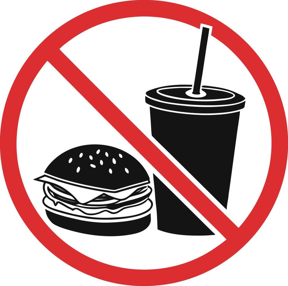 No food or drinks allowed sign with burger and soda cup. vector