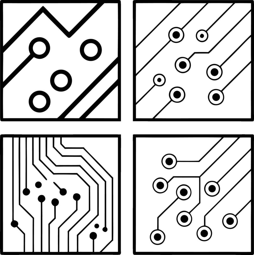 Four abstract minimalist black and white circuit board pattern designs. vector