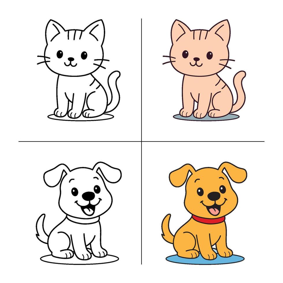 Cute cartoon cat and dog coloring book illustration design templates simple and modern vector