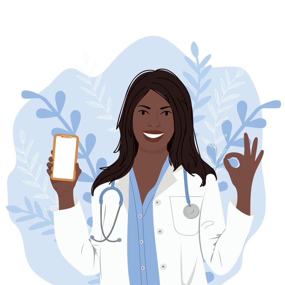 African american cardiologist shows mobile phone for consultation vector