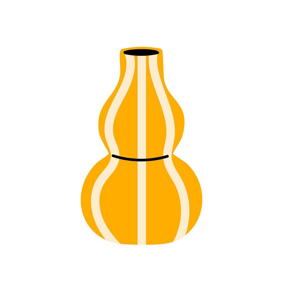 Striped yellow ceramic vase with curved shape and vertical lines on white background vector