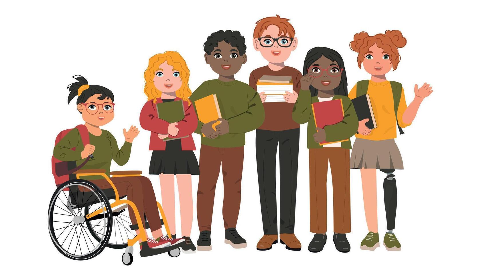 Group of schoolchildren of different nationalities. vector