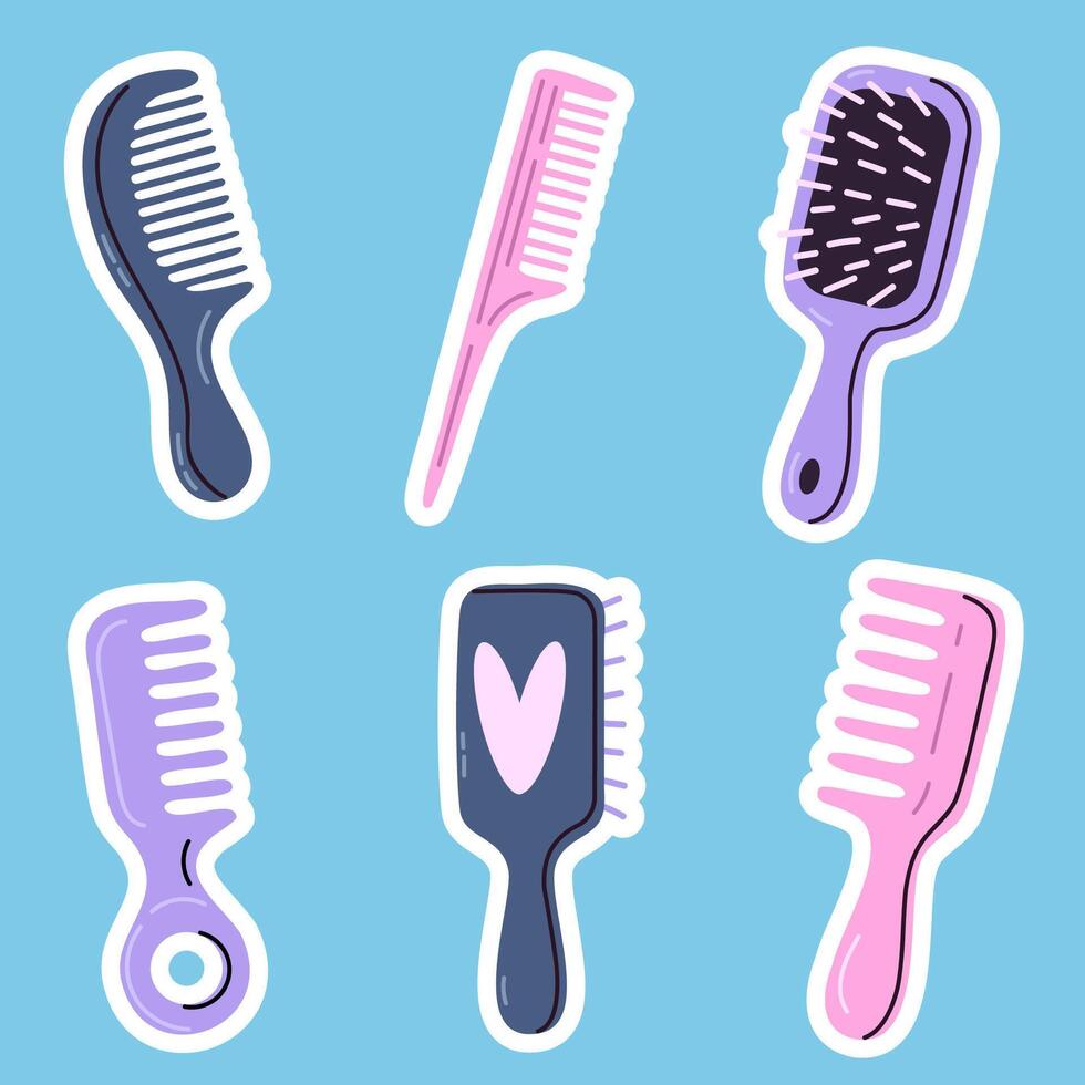 Colorful sticker collection featuring combs and brushes on light blue background vector