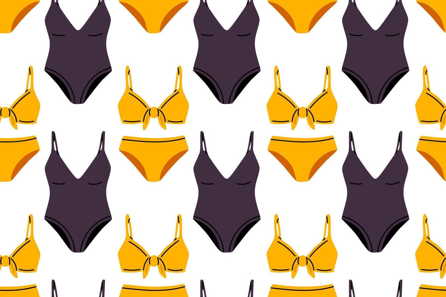 Seamless background with repeating yellow bikinis and purple one-piece swimsuits. Great for summer textiles, packaging or fashion design. vector